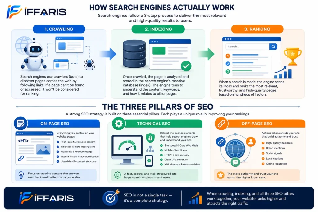 How Search Engines Work: Crawling, Indexing, Ranking, and the Three Pillars of SEO