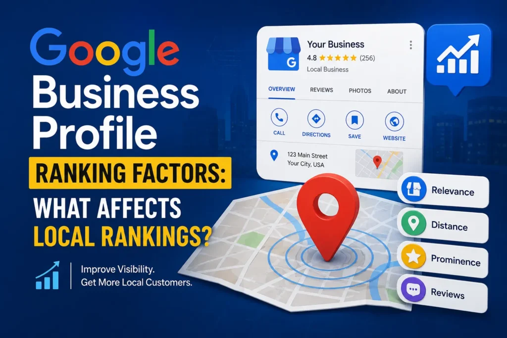 Google Business Profile ranking factors infographic showing relevance, distance, prominence, and reviews affecting local search rankings.