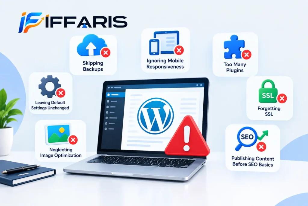 Common WordPress setup mistakes including skipped backups, poor mobile responsiveness, too many plugins, missing SSL, and neglected SEO