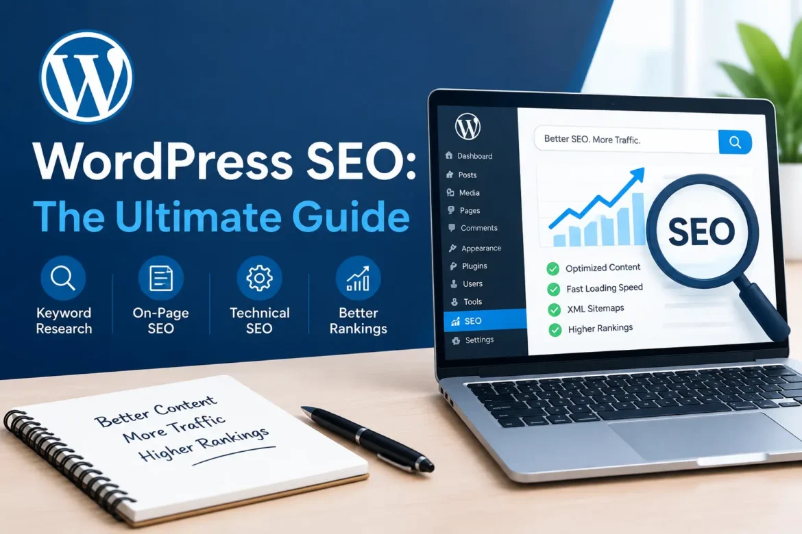 WordPress SEO guide showing SEO optimization dashboard, keyword research, technical SEO, and ranking improvements