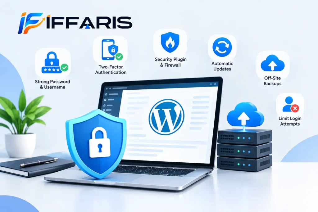 WordPress website security and backups with firewall, two-factor authentication, automatic updates, and off-site backups