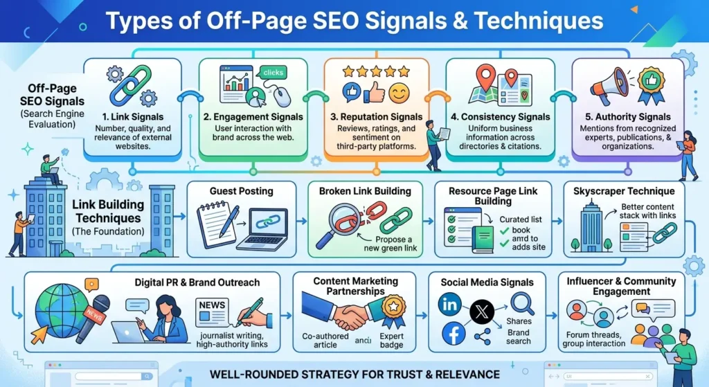 Comprehensive infographic breakdown of off-page SEO signals and techniques including link building, digital PR, reputation, and social media signals.