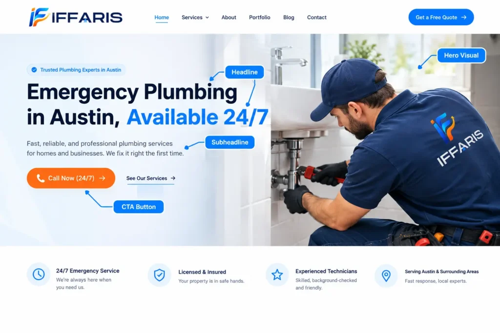 Homepage design showing a clear headline, subheadline, call-to-action button, and relevant hero image
