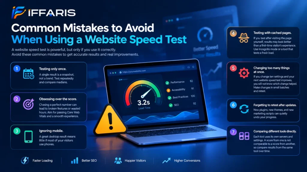 Common website speed test mistakes to avoid, including inaccurate testing, ignoring mobile performance, and comparing different tools.