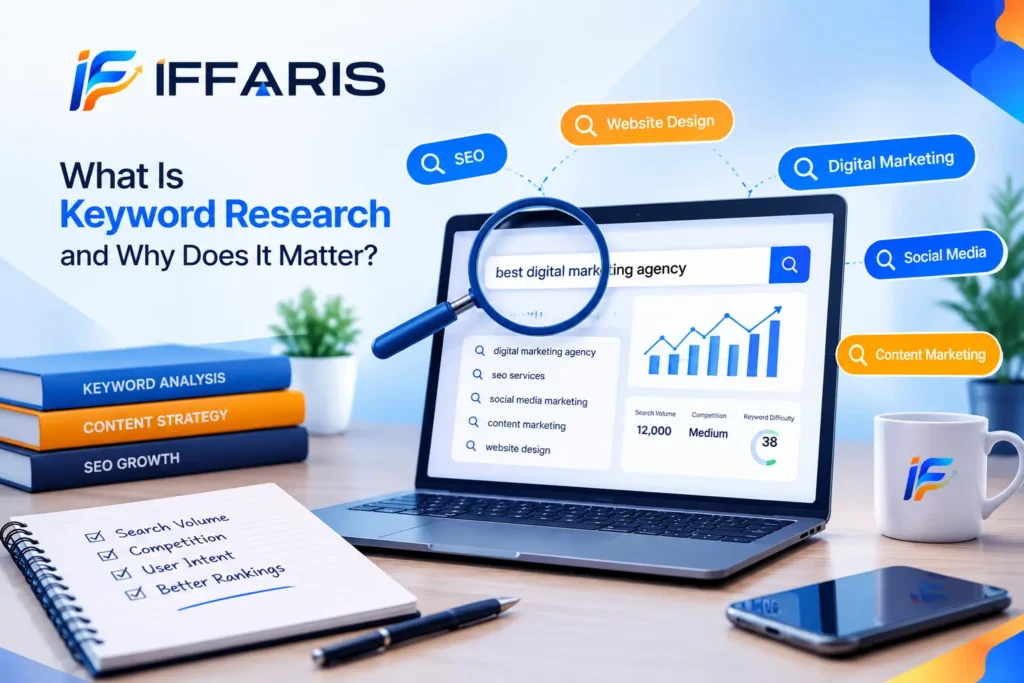 Keyword research and SEO strategy illustration featuring the IFFARIS logo, keyword analytics, search volume, and competition data.