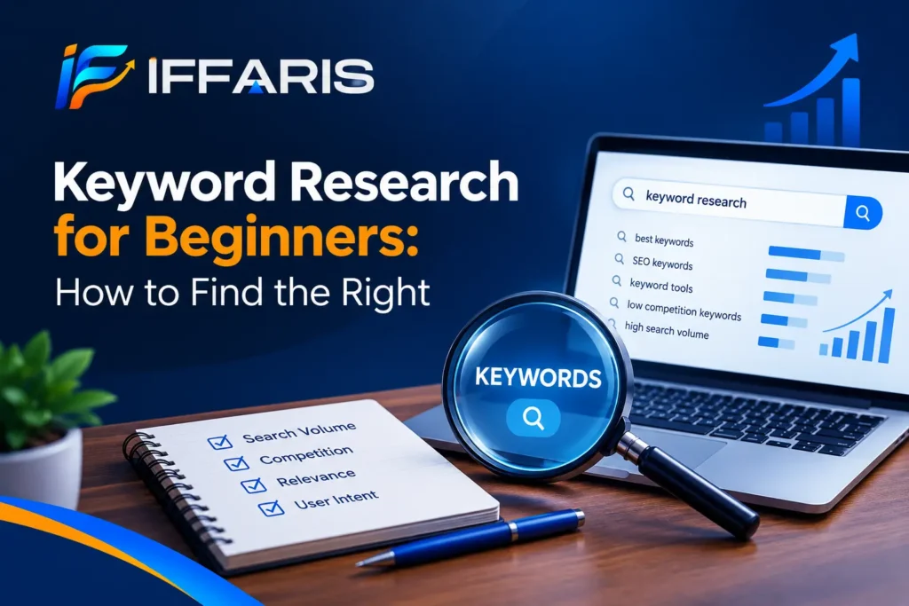 Keyword research for beginners using SEO tools, search volume analysis, and keyword competition metrics.