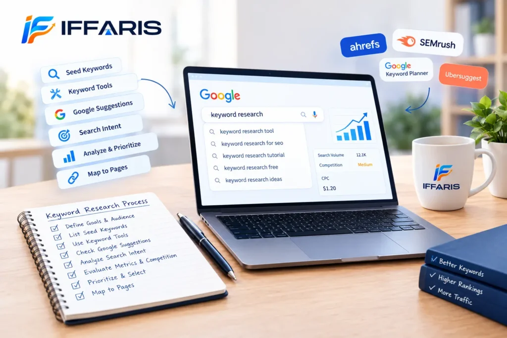 Step-by-step keyword research process using Google suggestions, SEO tools, search intent, and keyword analysis